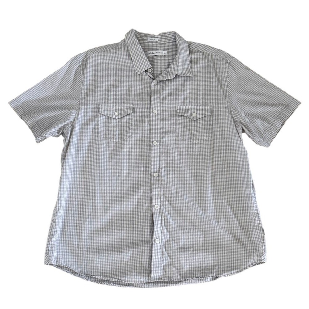 Calvin‎ Klein Mens XL Short Sleeve Button Down Shirt Tan White Gingham Cotton